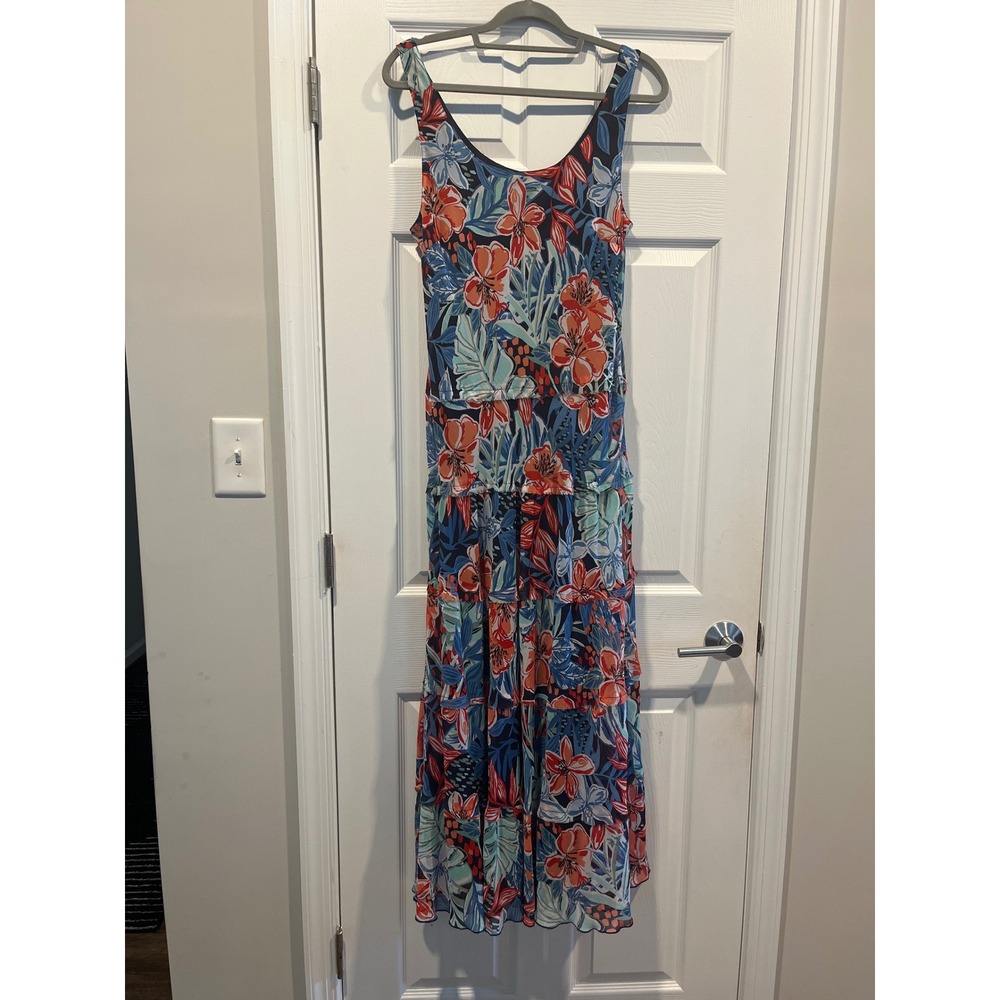 Jones New York Womens Blue Orange Tropical Floral Tiered Maxi Dress Large NWT